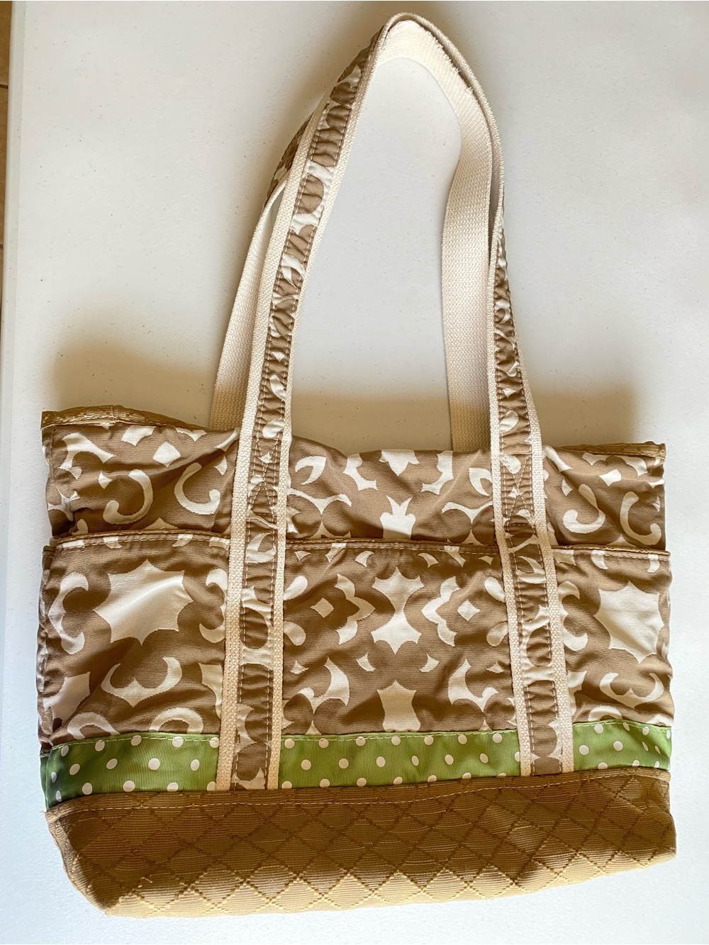 Berkshire Bags Tan & Green Cotton Knit Paisley Polka Dot Print Large Tote Purse
